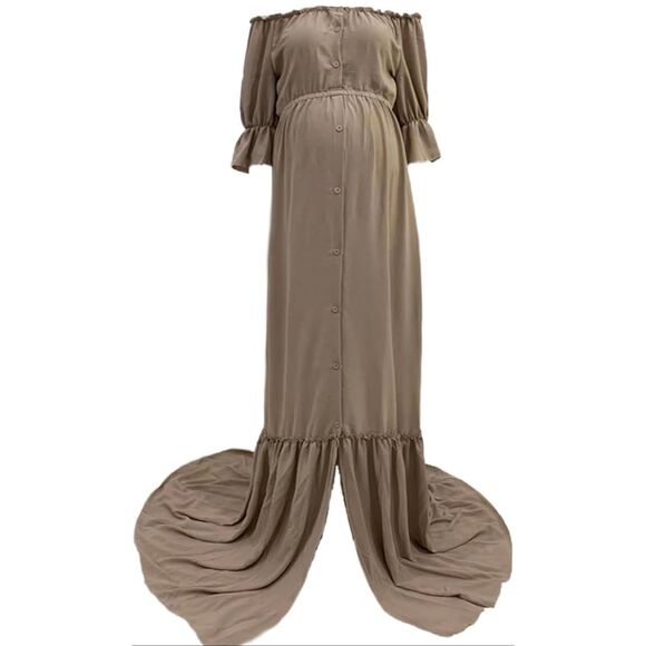 Maternity Dress Photo Props Vintage brown XL Maxi Gown for Pregnancy Photo Shoot - Picture 3 of 8